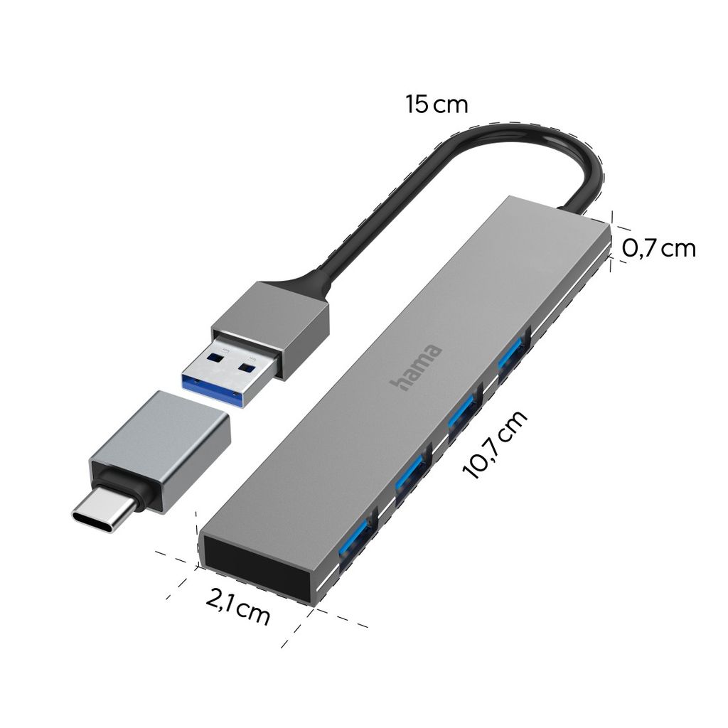 HAMA HUB USB, 4 vhodi, USB 3.2 Gen 1, 5 Gbit/s, izjemno tanek, vključno z adapterjem USB-C