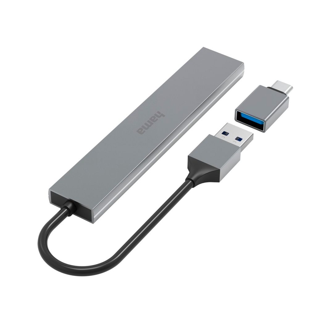 HAMA HUB USB, 4 vhodi, USB 3.2 Gen 1, 5 Gbit/s, izjemno tanek, vključno z adapterjem USB-C