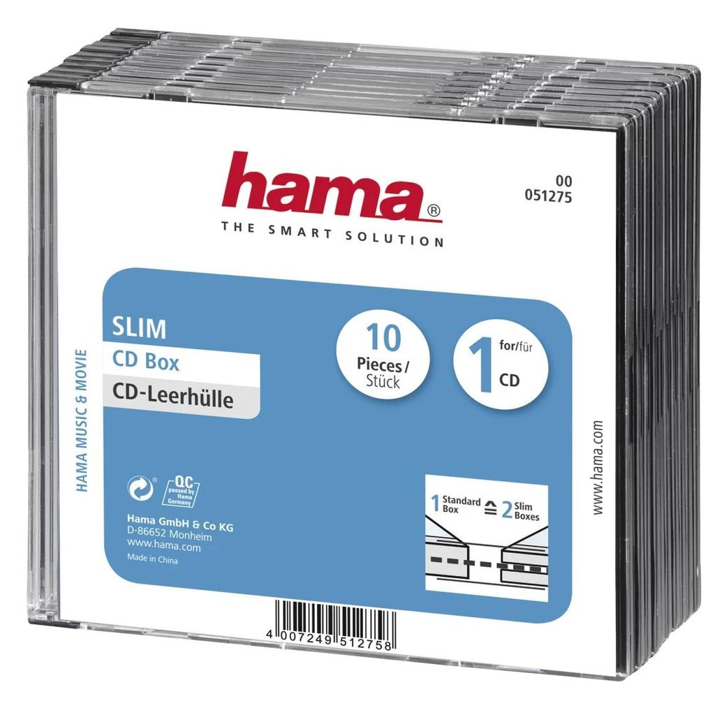 HAMA Slim CD Jewel Case, pakiranje po 10 kosov, prozoren/črn