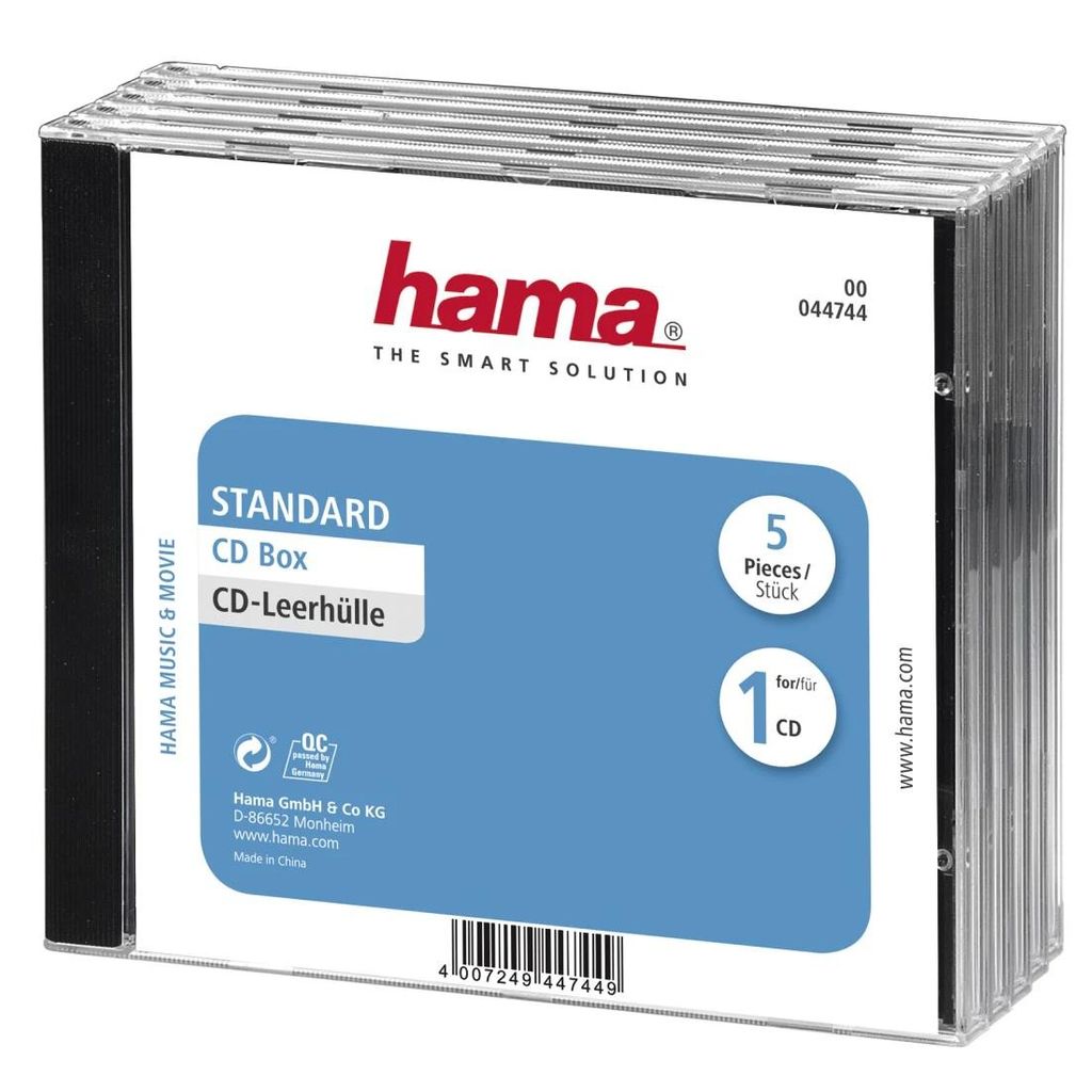 HAMA Standard CD Jewel Case, pakiranje po 5 kosov, prozoren/črn