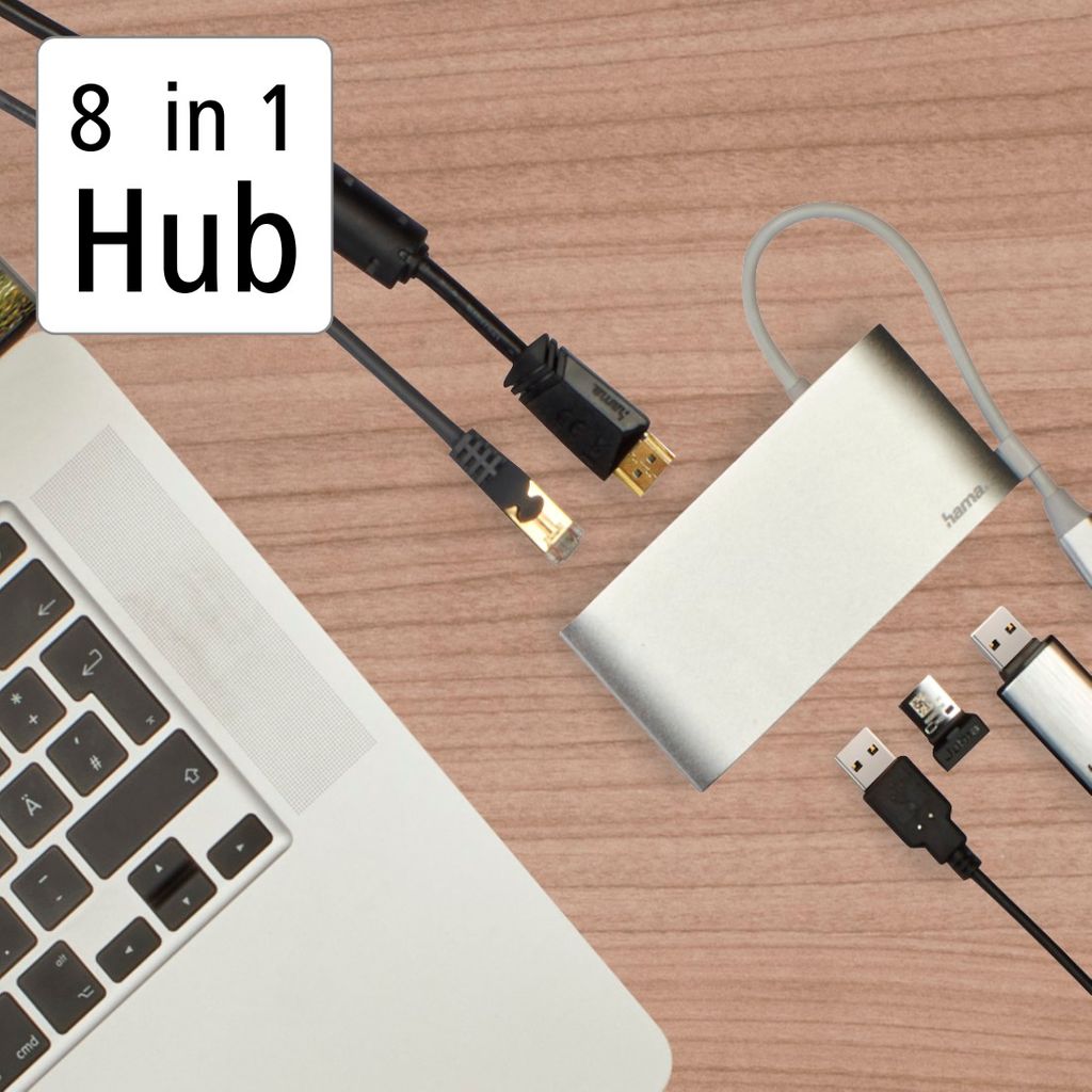 HAMA USB-C vozlišče, večportno, 8 priključkov, 3 x USB-A, 2 x USB-C, VGA, HDMI™, LAN