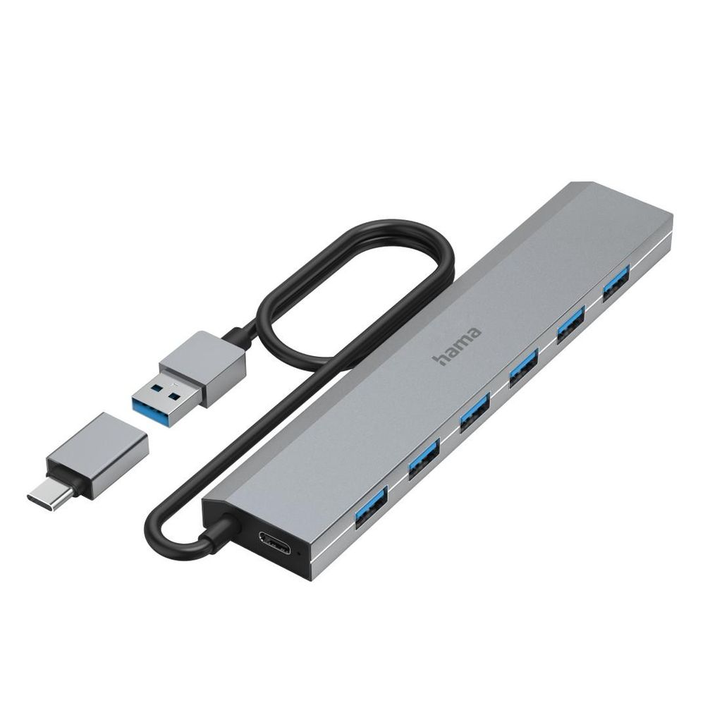 HAMA USB Hub, 7 priključkov, USB 3.2 Gen 1, 5 Gbit/s, vključno z adapterjem USB-C in napajalnikom