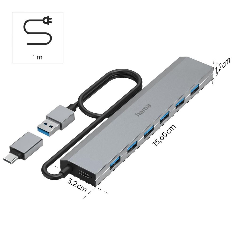 HAMA USB Hub, 7 priključkov, USB 3.2 Gen 1, 5 Gbit/s, vključno z adapterjem USB-C in napajalnikom