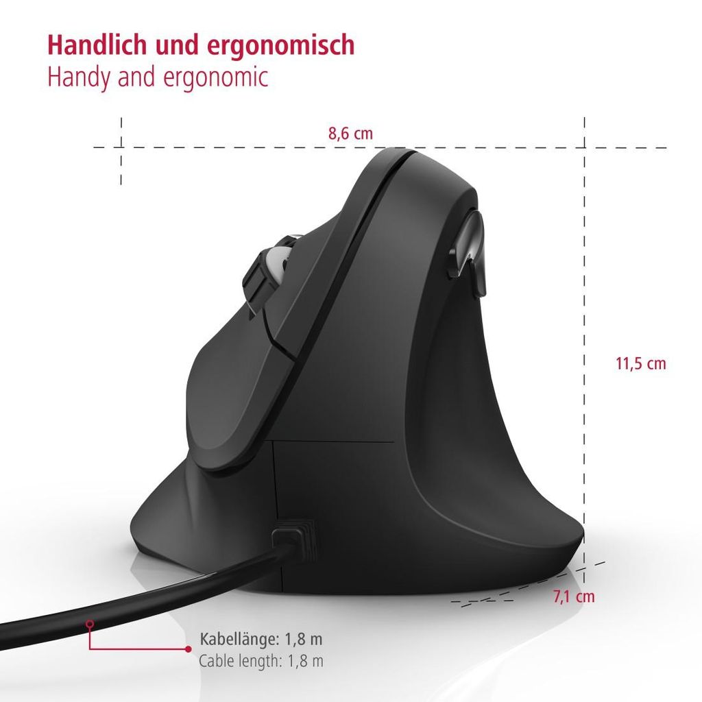 HAMA Vertikalna, ergonomska miška "EMC-500", kabelska, 6 gumbov, črna