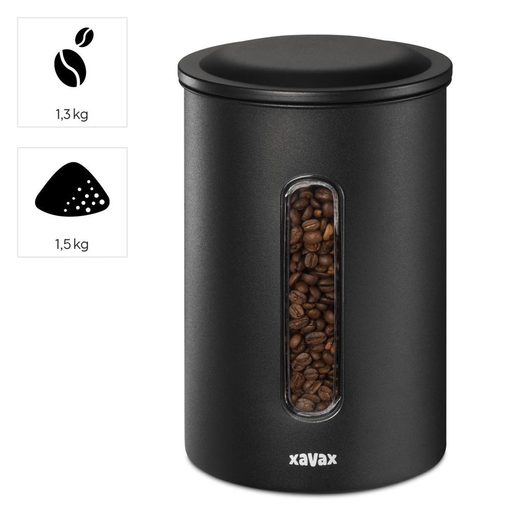 HAMA XAVAX pločevinka za kavo za 1,3 kg zrn ali 1,5 kg prahu, neprepustna za zrak in aromo, črna