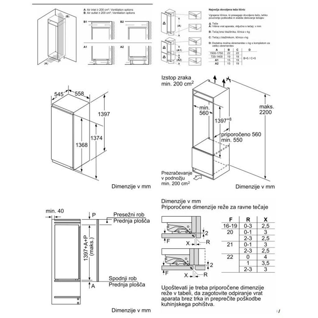 BOSCH Vgradni hladilnik z zamrzovalnim predelom, 140 x 56 cm, ploščati tečaj, KIL52AFE0