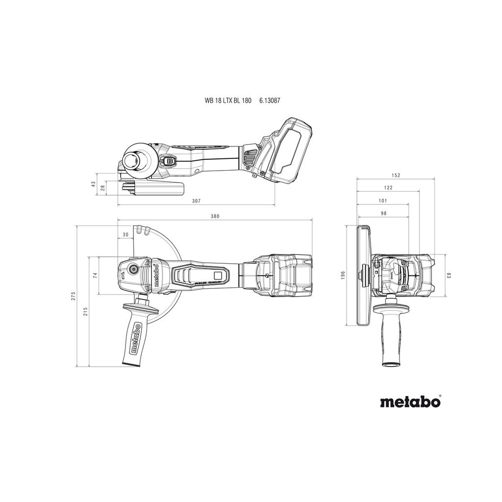 METABO Baterijski kotni brusilnik WB 18 LTX BL 180 (samo stroj) - 613087840