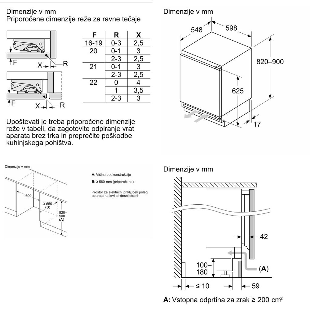 BOSCH Podvgradni hladilnik, 82 x 60 cm, ploščati tečaj, KUR21VFE0