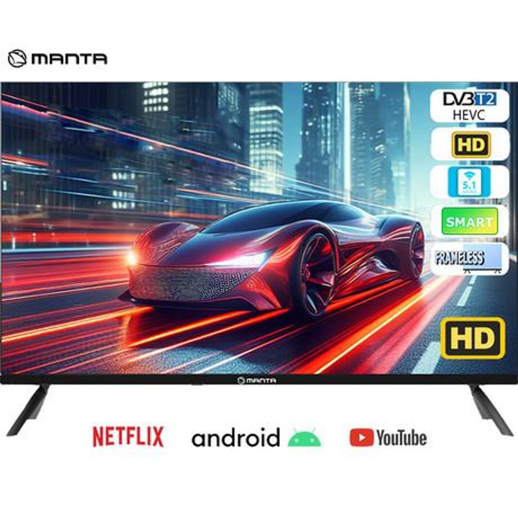 MANTA LED TV 32LHA123E, 81cm (32"), HD+, Android, WiFi, Dolby Digital+, STEREO 5.1, DVB-C/T/T2/S/S2, Hotel Mode, 3x HDMI, 2x USB, 1x CI+, Frameless oblika