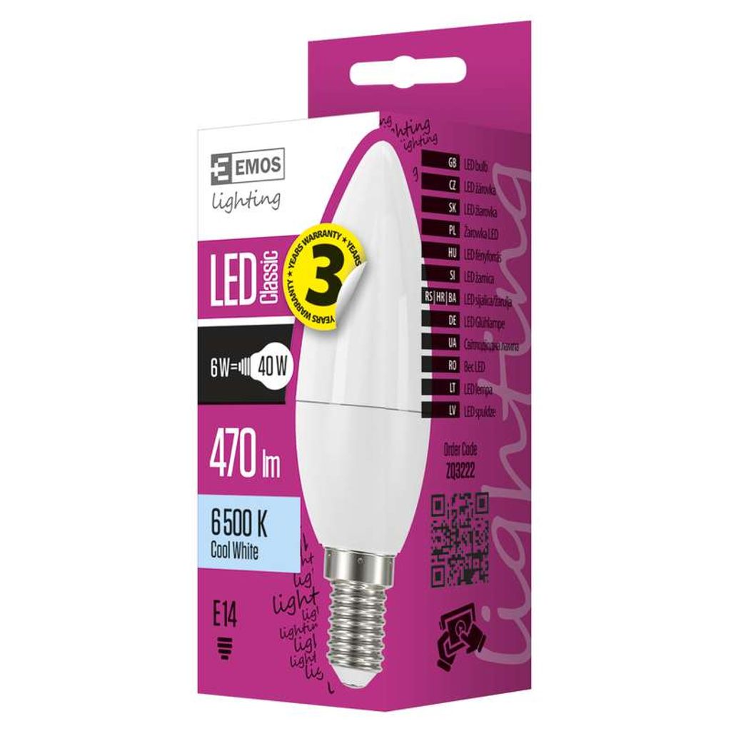 EMOS LED žarnica classic candle 6W, E14, hladna bela ZQ3222