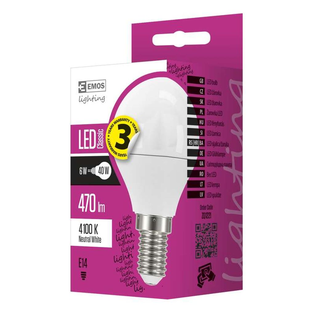 EMOS LED žarnica classic mini globe 6W, E14, nevtralna bela ZQ1221