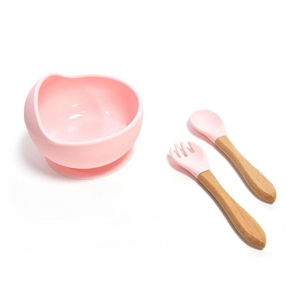 MHOME 3-delni otroški set jedilni / roza / silikon, les