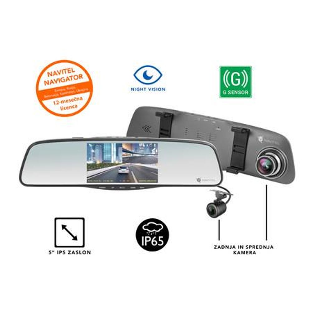 NAVITEL Pametno avto ogledalo MR250 NV, prednja in zadnja avto kamera, Full HD, 5" IPS zaslon, Night Vision, 160° snemalni kot, G-senzor, aplikacija