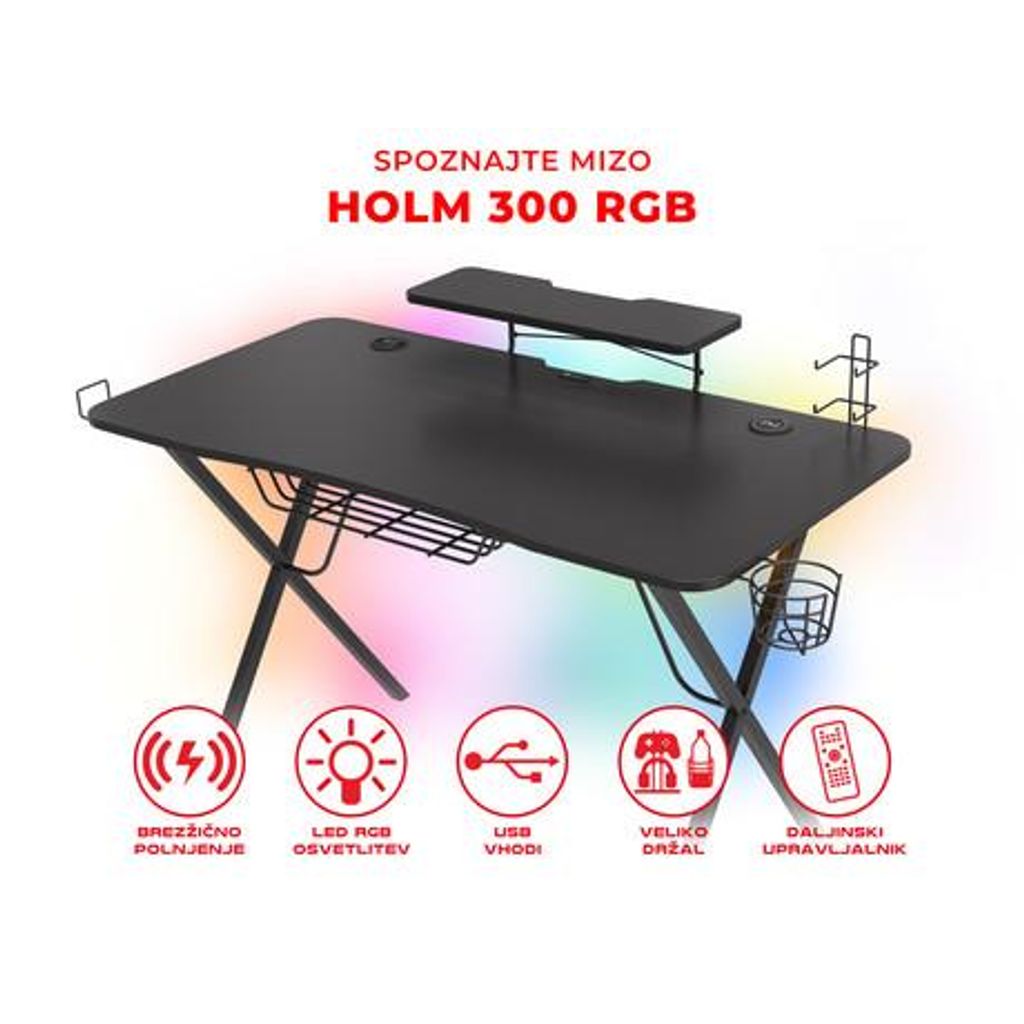 GENESIS HOLM Profesionalna GAMING miza 300 RGB, LED RGB osvetlitev, vgrajen brezžični polnilec in USB 3.0 razdelilec