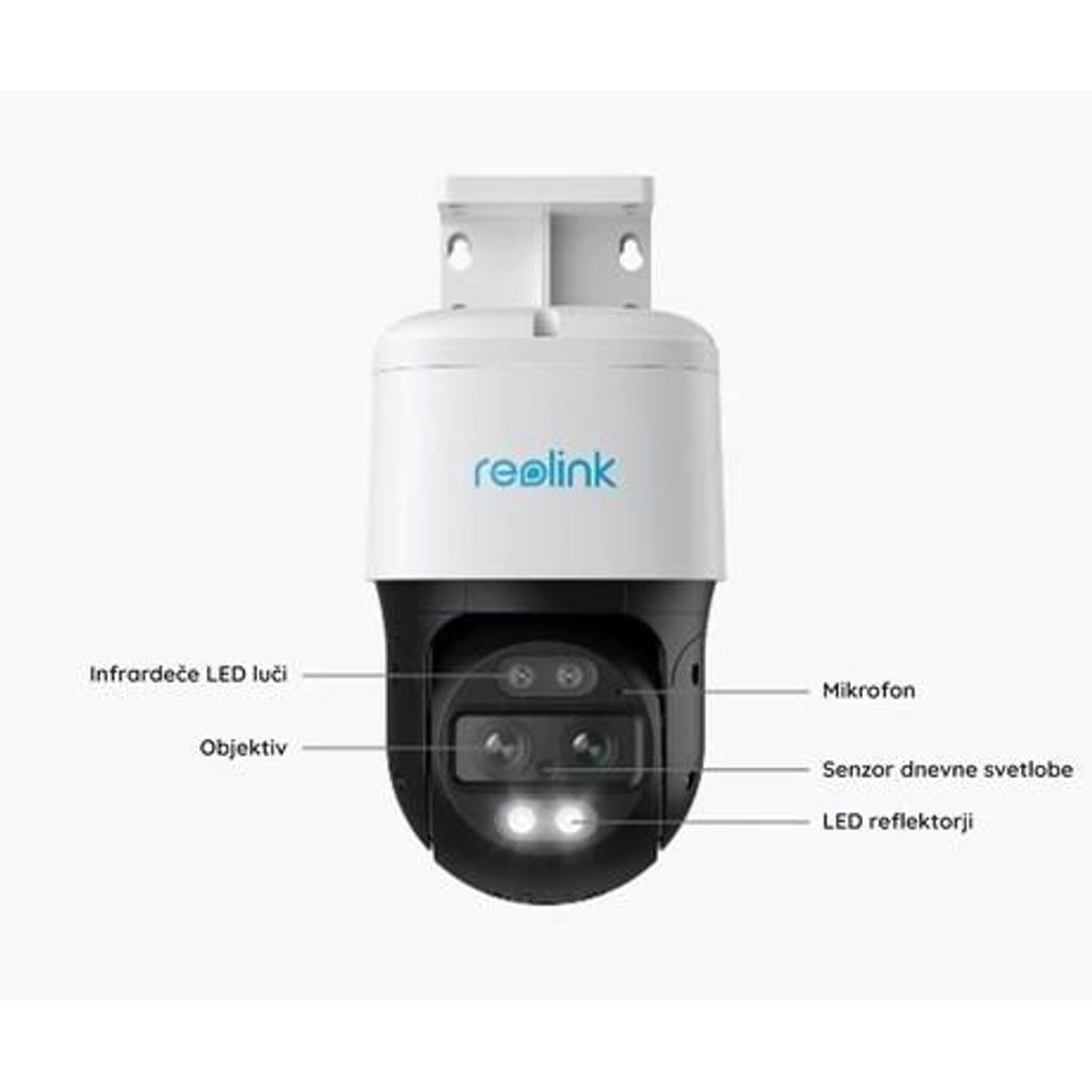 REOLINK TrackMix PoE IP kamera, dva objektiva, 4K Ultra HD, PoE, vrtenje in nagibanje, IR nočno snemanje, LED reflektorji, aplikacija, vodoodporna, dvosmerna komunikacija, bela