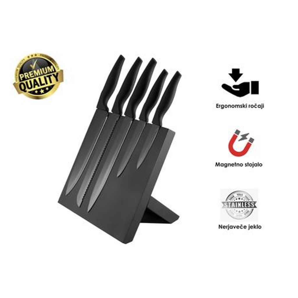 PLATINET Set vrhunskih kuhinjskih nožev PBKSB5W, 5kos, ergonomski ročaj, magnetno stojalo, črne barve