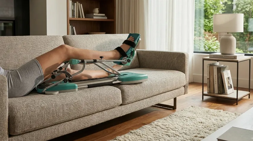 Sproščena uporaba naprave Kinetec za koleno na kavču med branjem knjige