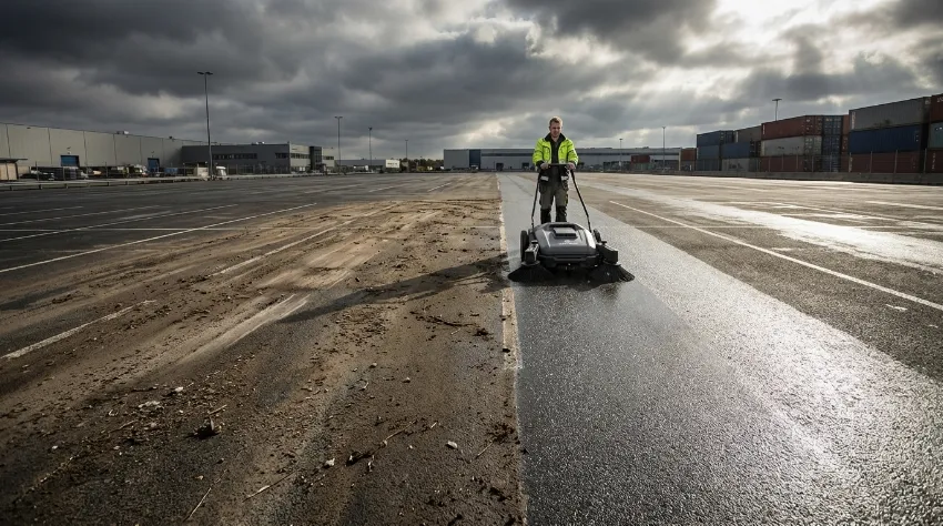 Čiščenje velikega parkirišča s pometalnim strojem