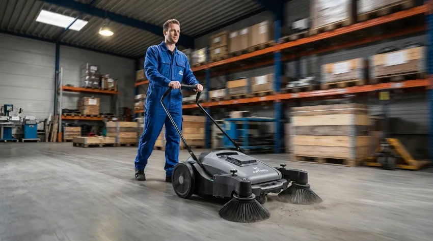 Delavec hitro čisti skladišče z ročnim pometalnim strojem
