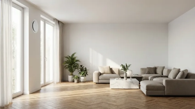 Sodobna dnevna soba z nameščenim lokalnim rekuperatorjem na steni