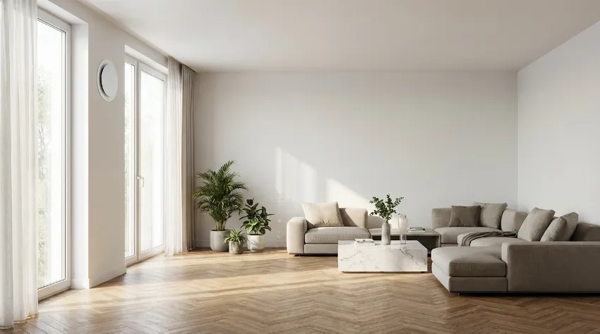 Sodobna dnevna soba z nameščenim lokalnim rekuperatorjem na steni