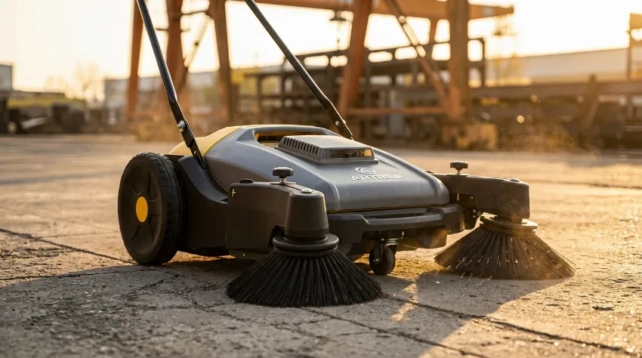 Robusten ročni pometalni stroj na tlakovanem dvorišču