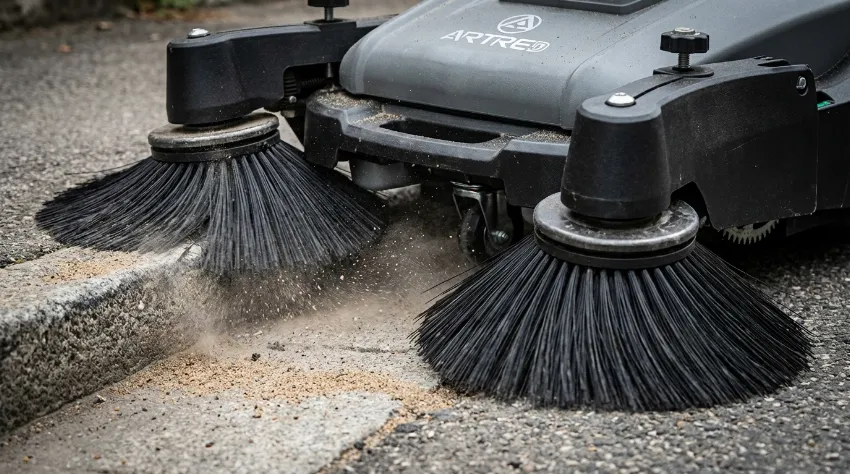 Bližnji posnetek krtač pometalnega stroja pri pobiranju finega prahu